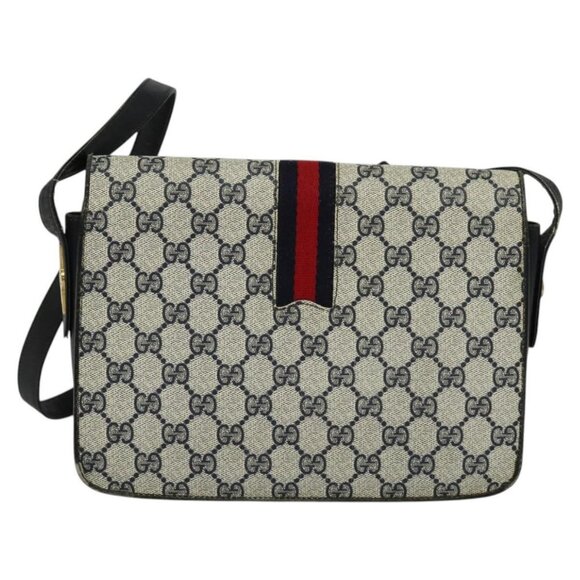 GUCCI GG Supreme Sherry Line Shoulder Bag PVC Navy Gold Red Auth - Picture 3 of 16